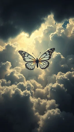 A butterfly above swirling clouds, emerges from the heart of a raging storm. Turbulent winds of steam swirl around the iconic structure, lit by shafts of sunlight that cast dramatic shadows on the A large spiderweb in the clouds , High quality 16k cinematic scene and great photography