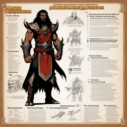 monster concept sheet with AD&D statistics and characteristics : [wii No More Heroes style with thick lines] the Sandokan (1976) character class with table of special powers
