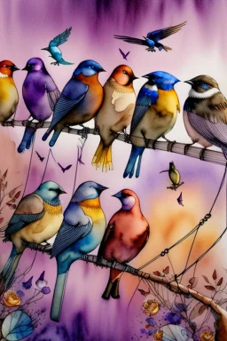 A captivating watercolor illustration featuring six exquisitely rendered birds perched gracefully on a wire. Each bird exhibits a unique color palette, from the rich browns and grays to the bold blues, reds, and yellows, culminating in the enchanting purple hue. The composition emphasizes the birds' side profiles, creating a dynamic visual effect. Their vibrant plumage beautifully contrasts against the pristine white background, resulting in a harmonious blend of nature and color that captivates