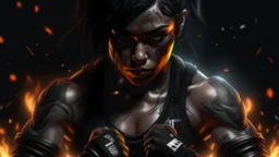 4k full realism full details logo combattant UFC cheveux noirs yeux noirs cyberpunk firestarter hardrock emission radio pyromane