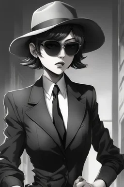 manga, anime, drawing, art, cartoon, perfect body, perfect hands, perfect face, perfect eyes, perfect arms, perfect cowboy hat, mafia woman, female mafia,, short hair pixie cut shaved side, black suit and tie, sunglasses, badass, cool, attractive