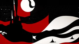 An abstract illustration by Malevich and Kuniyoshi of a black and white night desert landscape with a minimalist red pirate flag.