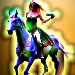 fullbody portrait of beautiful busty amazon woman with big green eyes riding a horse by Reza Abbasi 8k