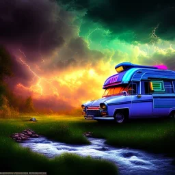 An old caravan at the bottom of an streaming river, lots of clouds within neon lights, thunder