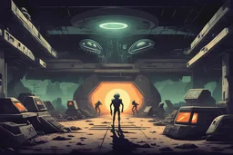 retro 2D game, commercial poster, aliens invasion, inside dark abandoned military base 1970 style