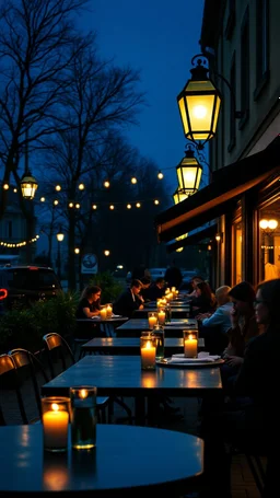 Cafe table outside with at night with candles lights on the tables in the style of vincent van Gogh, with people