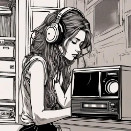 She looks lost in thought, her eyes fixed on a single spot on the wall as she listens intently to the low-quality recording on the tape player in front of her.