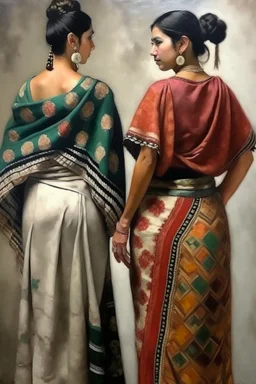 2 mexican woman painting neoclassism standing from the back whole body