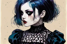 Create and fine print portrait illustration of a Goth Girl ball jointed porcelain doll, with finely lined and detailed facial features, short cropped hair, in a ragged gothic dress, fishnet stockings ,battered combat boots, , in the graphic novel style of Bill Sienkiewicz, and Jean Giraud Moebius, precisely drawn, colored and inked