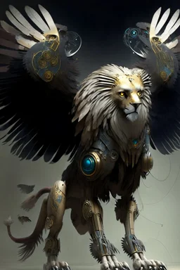 A creature with an eagle's head and a lion's body and two robotic wings