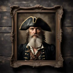 Hyper Realistic vintage frame portrait of Henry Avery Pirate on a rustic dark wall