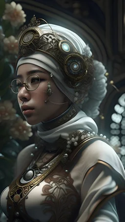 Faire. little fusion pojatti realistic steampunk, fractal isometrics details bioluminescens : a stunning realistic photograph indonesia beautiful hijaber awesome with big white flowers tiara of wet bone structure, 3d render, octane render, intricately detailed, titanium decorative headdress, cinematic, trending on artstation | Isometric | Centered hipereallistic cover photo awesome full color, , hand drawn, dark, gritty, realistic mucha, klimt, erte .12k, intricate. hight definition , close up