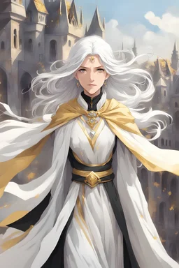 1older woman, a mother an old woman in a white dress with gold accents with long grey hair with black stripe in her hair and white eyes with a white cape on her head and a white cloak over her head and gold Jewlery yellow Cystal on necklace, flying over medieval city on a windy day, anime style,