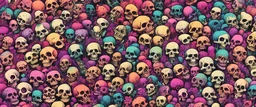 a field of 1000s of cartoonish, anatomically correct, skulls, vivid RANDOM BRIGHT neon colors, dark comedy, well lit, high detail, photorealistic, horrorcore, fun, scary, dead, 100% detail on all drawn, nothing partial or filler