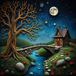 Photograph hasselblad h6d400c --ar 85:128 --v 6.0 of a fairy old bridge, tree, old bewitched house, made of felt, art, 3d deep field, Joan Miró, wide angle landscape scene, galaxies, creepy, needlepoint, abstract silhoutte, expressionist style, colorful holiday