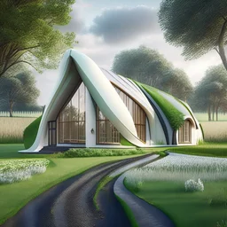 Cabaña campestre inspirada en la arquitectura de Zaha Hadid, foto realista, 4k