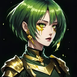 profile picture,2dcg,anime art style,green and golden color,short hair ghoul lady,pure black color background,gore,violence,Decapitation,dismemberment,disturbing,Monster,guts,morbid,mutilation,sacrifice,butchery,meathooks,no hands,do not draw hands