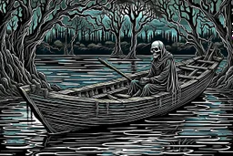 on the dark river in a boat the crepy boatman is the death goes for the souls of the dead people, surreal style, dark colors, strange landscape, detailed, sinister, depressive, surreal style crepy stunning