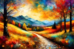 Colorful autumn landscapes in the style of expressionist paintings contemplating oil paintings, Van Gogh, Klimt, Renoir Bokeh beautiful dreamy view of Van Gogh Yossi Kotler art