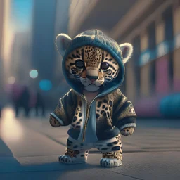 A cute Kawaii tiny hyper realistic baby jaguar, wearing hip hop clothes, city background. wide angle full body, 8k, Cinematography, photorealistic,epic composition Unreal Engine,Cinematic, Color Grading, Portrait Photography,Ultra-Wide Angle, Depth of Field, hyper detailed