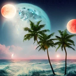 1980's vaporwave aesthetic palm trees with lightning with lunar eclipse moon crescent in the ocean waves sunset