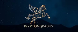 A star constellation in the form of a Pegasus in front of a deep space and the Orion Constellation. Glowing lines connecting the stars that form the pegasus constellation. Digital Art. Digital Drawing. Logo. Icon. The word Cryptography is under the Pegasus, also formed by stars and lines