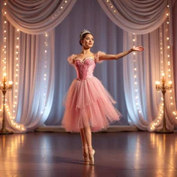 a beautiful balerina in pretty clothing in a modern cifi stage in her performance cinamatic lights .