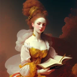 :Portrait of young female:: : Jean-Honore Fragonard The Reader Postcard :: : lithograph, ink drawing :: : trending on artstation, insane details :: :Peter Mohrbacher art::