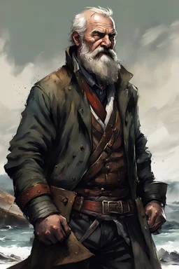 character concept illustration of a lean and weathered, Scottish coastal trader , maximalist, sharp focus, highest resolution, in the styles of Denis Forkas , and Masahiro Ito, boldly inked, 8k, coarse, gritty textures