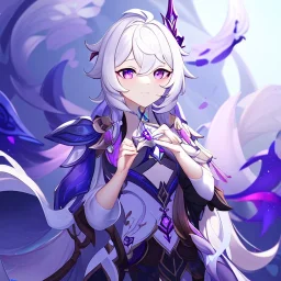 Genshin woman, Clear Focus High resolution, Calm Background, Light skinned woman, White long beatiful hair, Purple sparkling eyes, Very Beatiful Face, Splash art, Color pallete black purple pink