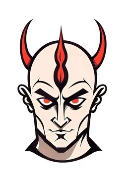 creepy evil sexy androgynous bald human with fat horns coming out their forehead. Logo style.