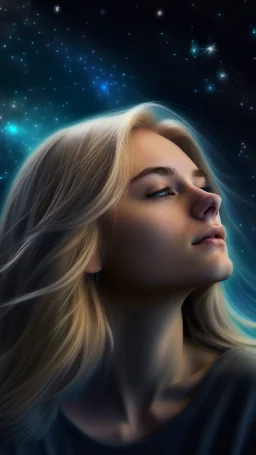beautiful girl with blond hair dreaming of a galaxy world with some dark rain and 4d angle