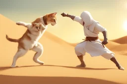 antropomorphic ninja cat fighting with a sheik in the desert in sunshine