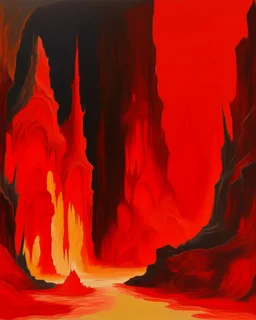 A light red fiery iron and brimstone cavern painted by Clyfford Still