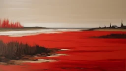 Red coastal plains near a beach painted by Clyfford Still