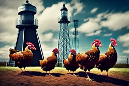 Five hens in front of a lighttower