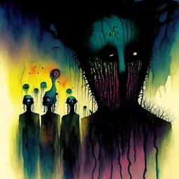 malignancy of nightmare cool creepy colors, depicting a fear of being alone and a faceless face assembly line, stitches Human Misery index, Style by Lizbeth Zwerger and Ray Johnson and VS Gaitonde, watercolor, creepy, surreal horror art, nightmarish, dynamic composition, dark color burn, based on the imagery of Zdzislaw Beksinski