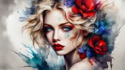 old canvas with worn torn folded edges and holes, cracks, heavily grained, broken lens effect, Iris wreath portrait Blonde woman, red lips, back tattoo, Alcohol ink, Hyperdetail, Anna Razumovskaya, Anna Dittmann, Luis Royo