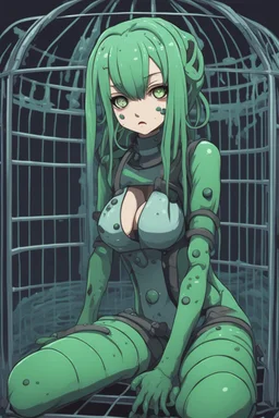 moody anime girl in a futuristic suit, Slime, mud, mucus, sludge, woman with tentacles, scared face trapped in a cage, feet point view,