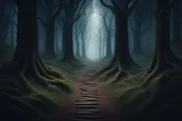 лес темный, с тропинками