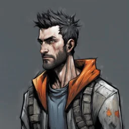 man,, looking serious, comic book, post-apocalypse, grey background