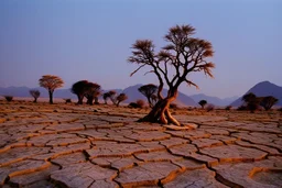 Dry trees, night, arid land, vegetations, rocks, little river, mountains