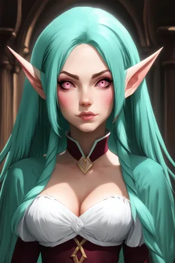 Elf woman with long mint green hair, soft pink eyes, dressed like medieval royalty