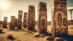 Edificios‑tótem que emergen de un suelo terroso, coronados por símbolos solares y letras inventadas, atmósfera surreal donde la ciudad es un mapa espiritual.