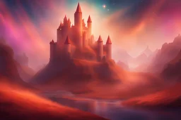 A surreal landscape where an old castle radiates with orange and red hues, iridescent and rainbow effects fusing CosmicLumina and SkyDancer, ethereal ambiance