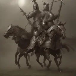 Medieval cavalry. Warriors. Leather armor. Black. Sharp details. Roar. Fast galloping.