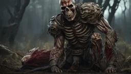 a rotting zombie warrior. carnage on a battle field. fantasy setting. armor fused to the skin. blood. broken bones. broken fangs. broken jaws. broken armor. gloves.intense horror. blind terror. scared to death. a masterpiece, fantasy concept art, dynamic lighting, hyperdetailed, intricately detailed, deep color, Unreal Engine, volumetric lighting, Epic cinematic brilliant stunning intricate meticulously detailed dramatic atmospheric maximalist digital matte painting