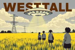 bumper sticker design, westall large flat ufo, in bold heading text WESTALL 1966, lots of school children looking up in a field with high voltage powerline and gumtree's, mysterious cool, bold