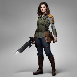 Stella Grace Fitzgerald: Stella, a resilient rebel, embraces her strength and determination. Her brunette hair frames a face that exudes defiance. In her unique attire, military meets peasant, showcasing her adaptability. With a small axe, she wields practicality and symbolism, carving her own path. A futuristic heavy pistol symbolizes her mastery of technology. Stella's presence commands attentio