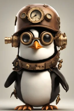 пингвин в шлеме с градусником смотрит на результаты измерения в стиле стимпанк
